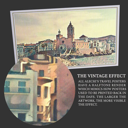 Close-up detail showing vintage halftone texture on Sitges landscape poster