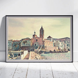 Landscape travel poster of Sitges church Sant Bartomeu i Santa Tecla by Alecse, vintage halftone art print