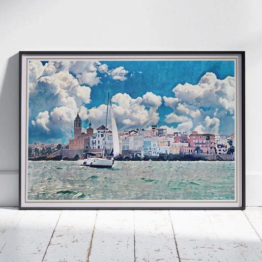 Sitges Sailing panoramic vintage travel poster framed on floor, sailboat on Mediterranean with Sitges coastline, horizontal wall art limited edition