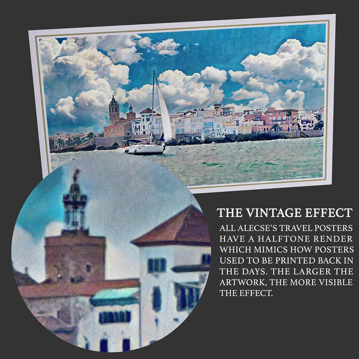 Sitges Sailing panoramic poster showing full composition with sailboat and town, vintage halftone finish