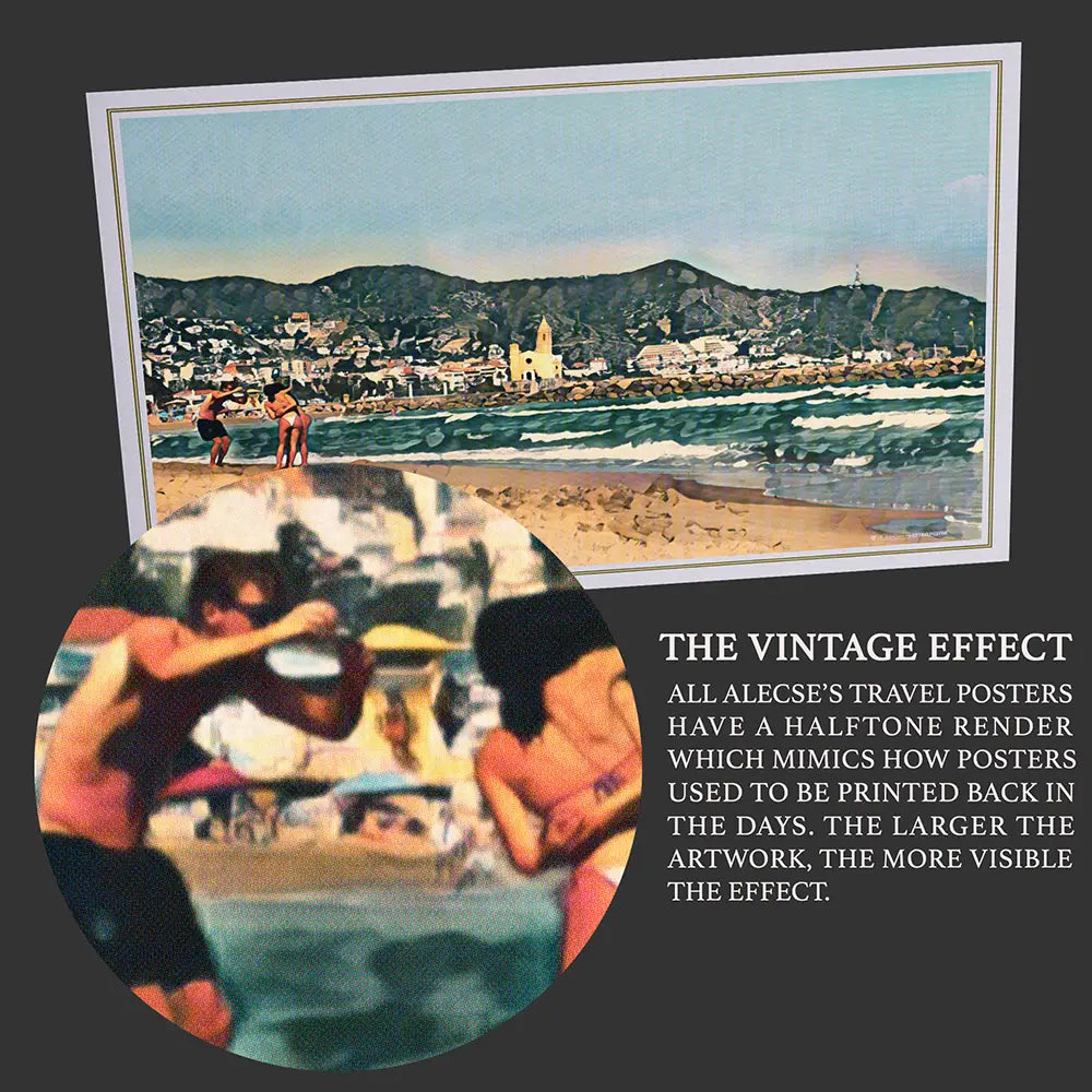 Close-up detail of vintage halftone texture on Sitges Summer Memories collector poster by Alecse