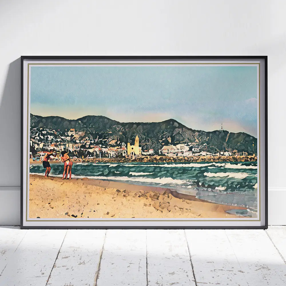 Landscape collector poster of Sitges beach in summer by Alecse, panoramic seaside scene without title, limited to 20 numbered prints