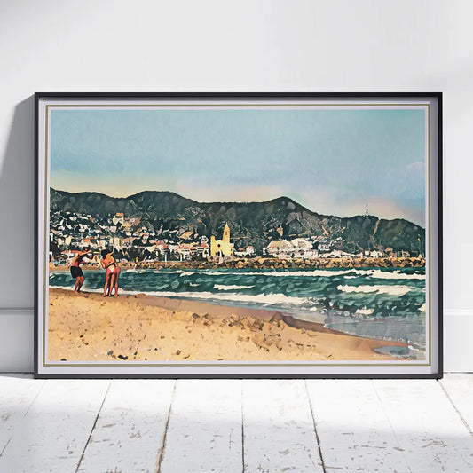 Landscape collector poster of Sitges beach in summer by Alecse, panoramic seaside scene without title, limited to 20 numbered prints