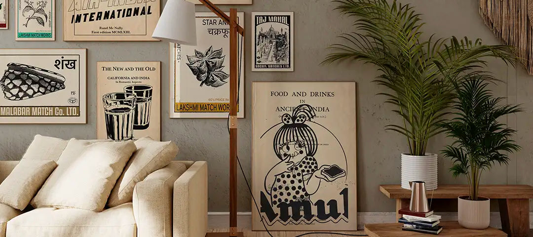 Vintage-inspired Indian Heritage Art Prints decorating a living room illustrating the Great Indian Decor™ collection by Shree banner