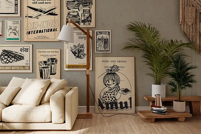 Vintage-inspired Indian Heritage Art Prints decorating a living room illustrating the Great Indian Decor™ collection by Shree banner