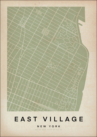 East Village NY Retro Map Art Print by Cha, The Wanderer Maps™, limited edition vintage monochrome map