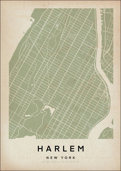 Harlem Vintage Map Art Print by Cha, The Wanderer Maps™, limited edition monochrome