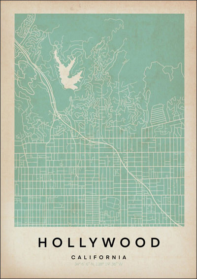 Vintage Hollywood Map poster by Cha, The Wanderer Maps™, limited edition monochrome art print of California