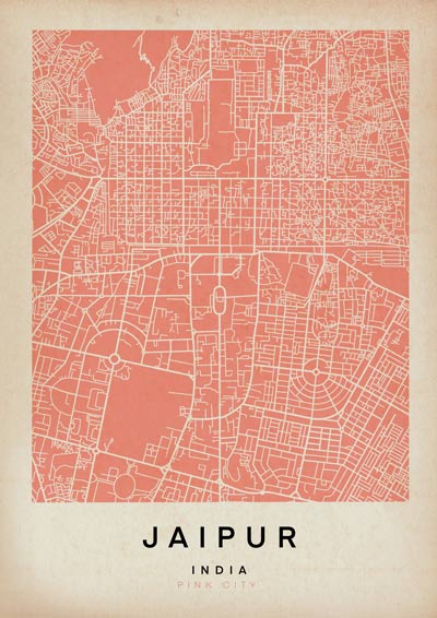 Pink Jaipur Vintage Map Art Print by Cha, The Wanderer Maps™, limited edition retro monochrome map poster