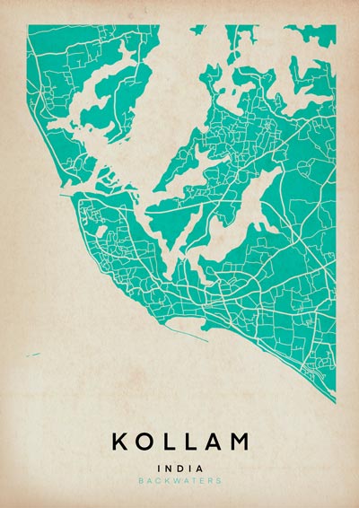 Vintage Kollam Map Art Print by Cha, The Wanderer Maps™, limited edition green monochrome