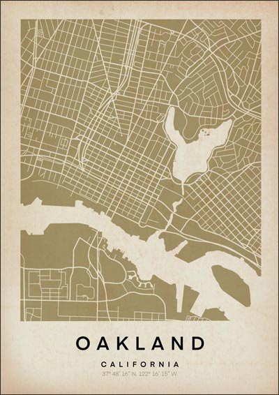 Vintage Oakland Map Art Print by Cha, The Wanderer Maps™, limited edition monochrome