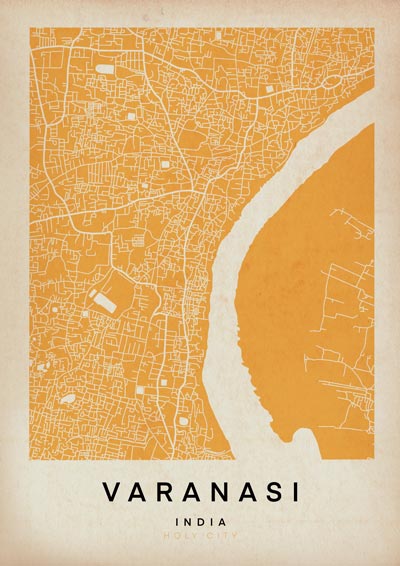 Varanasi Retro Map Art Print by Cha, The Wanderer Maps™, limited edition Yellow monochrome