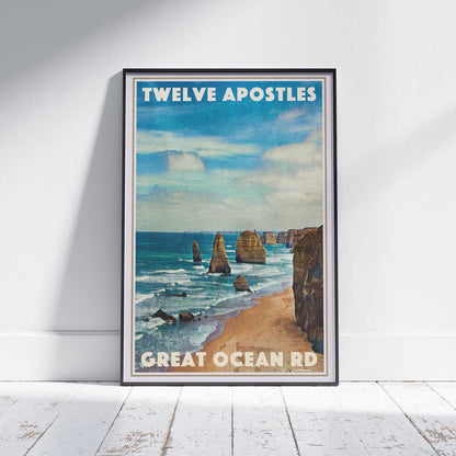 Framed travel poster of the Twelve Apostles, Australia, featuring Alecse’s vintage-inspired design with a view of the limestone stacks along the Great Ocean Road