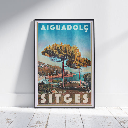 Framed Aiguadolç Sitges poster by Alecse depicting pine trees above the Aiguadolç marina in soft halftone tones.