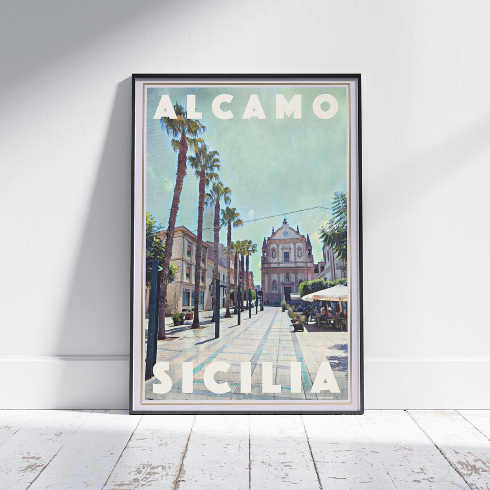 Retro-style Alcamo Sicily travel poster displayed in a modern home setting, blending nostalgia with contemporary decor