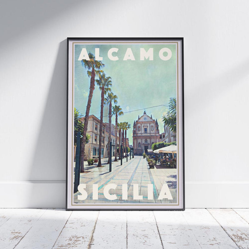 Retro-style Alcamo Sicily travel poster displayed in a modern home setting, blending nostalgia with contemporary decor