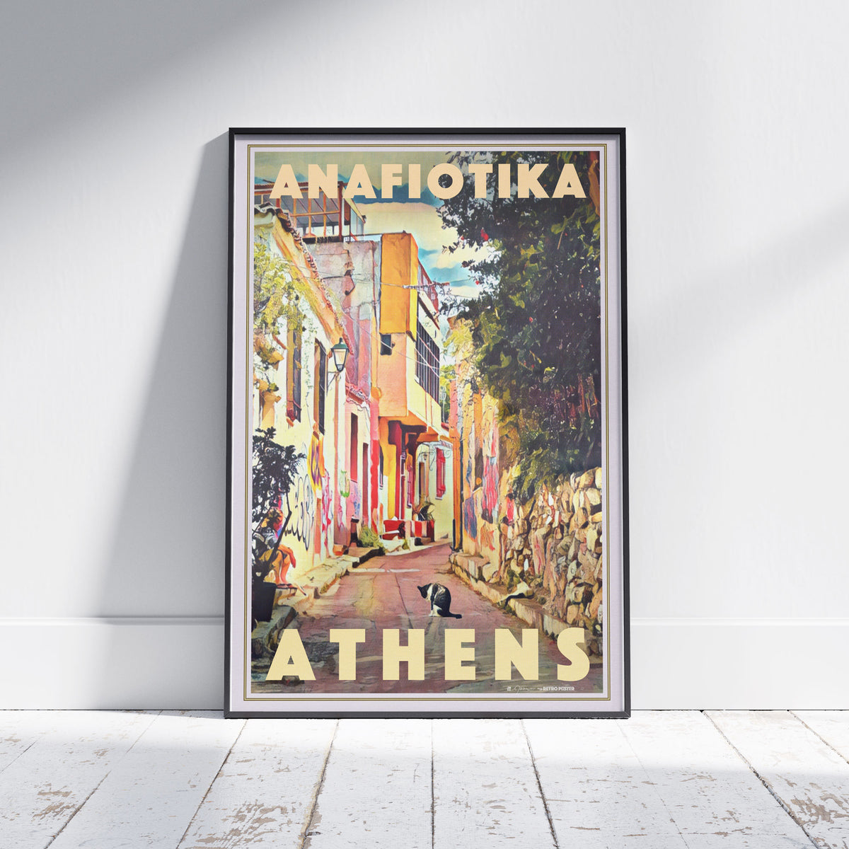 Vintage-style wall art of Anafiotika Athens placed on a white wooden floor, evoking nostalgic Mediterranean charm