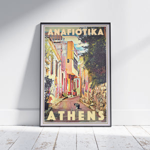 Vintage-style wall art of Anafiotika Athens placed on a white wooden floor, evoking nostalgic Mediterranean charm