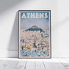 Framed travel poster of Athens, Greece, featuring Alecse’s soft-focus vintage design style on a white wooden floor