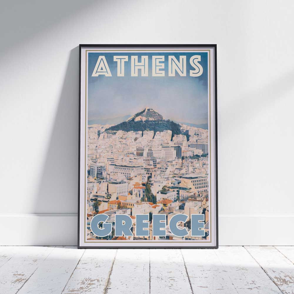 Framed travel poster of Athens, Greece, featuring Alecse’s soft-focus vintage design style on a white wooden floor