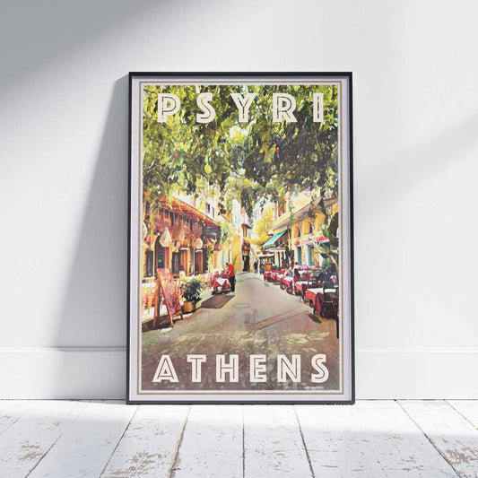 Psyri Athens travel poster in a frame on a white wooden floor