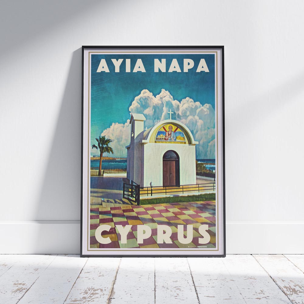 Framed Ayia Napa Chapel travel poster, showcasing a scenic view of Cyprus’ famous whitewashed chapel