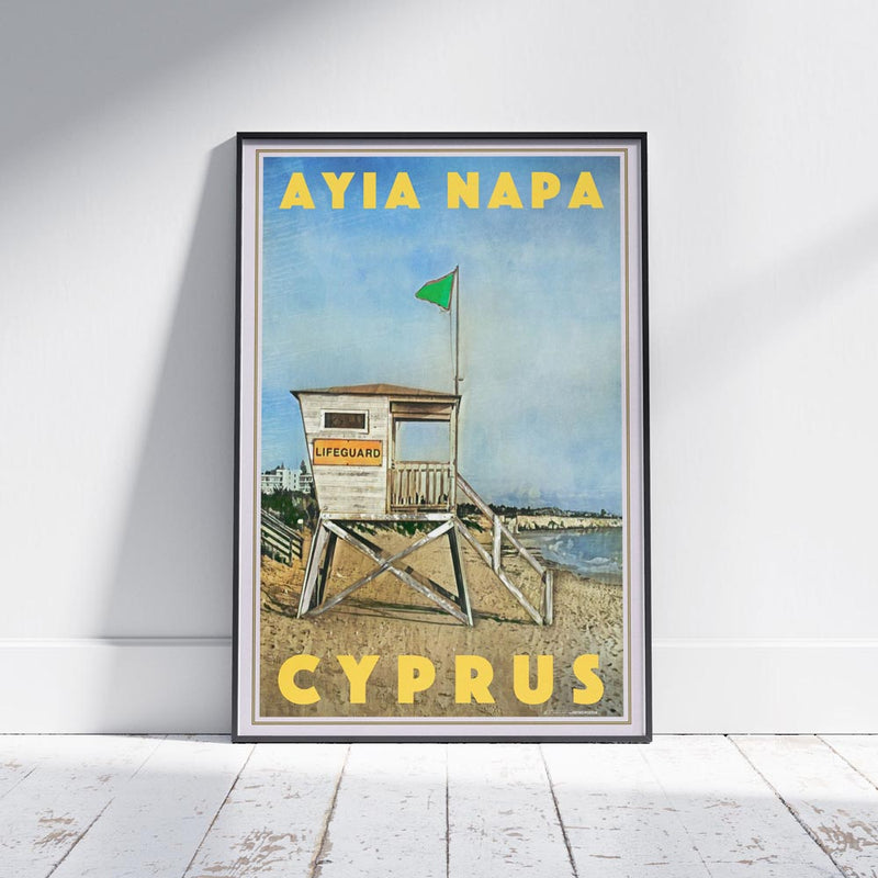 Framed Ayia Napa Lifeguard travel poster, featuring a vintage-style beach scene from Cyprus