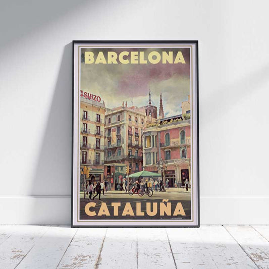 Limited edition 'Angel Square' Barcelona poster by Alecse capturing the city's vibrant street scene