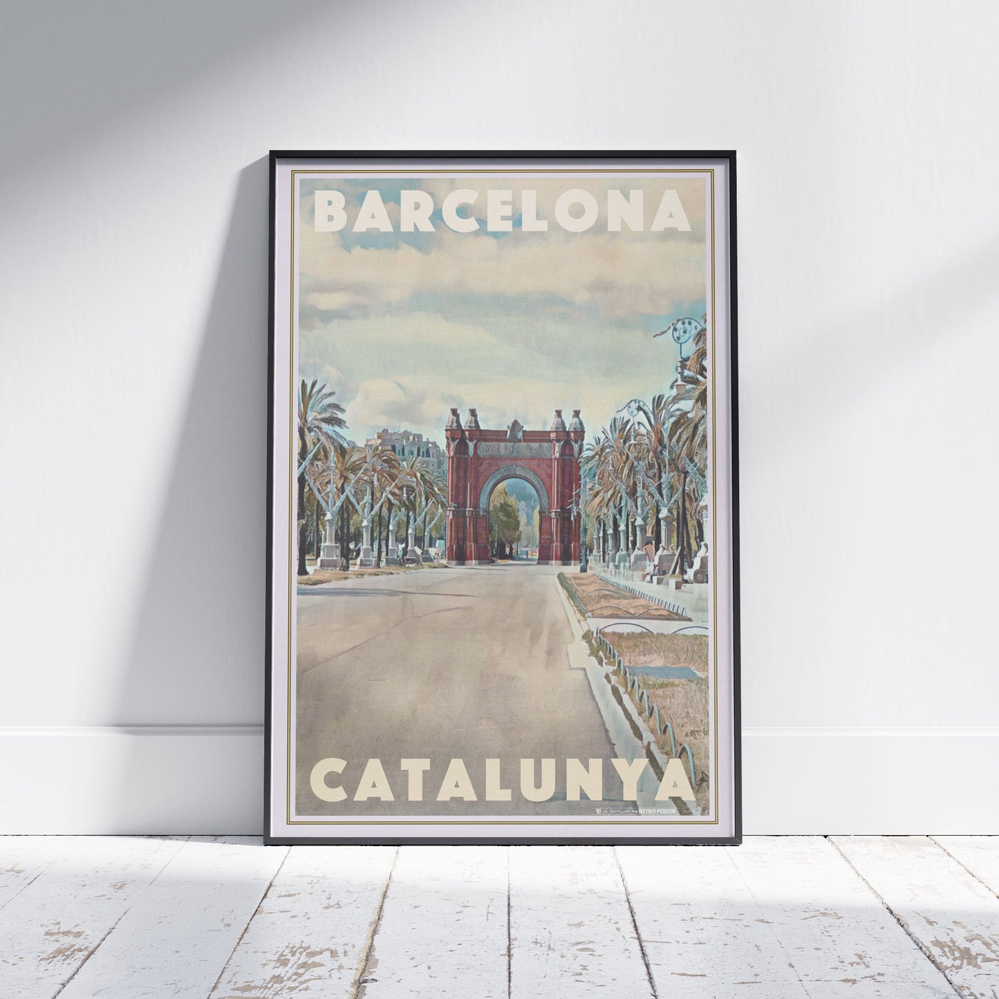 Framed Barcelona Arch poster by Alecse featuring the Arc de Triomf and palm-lined avenue in vintage tones.