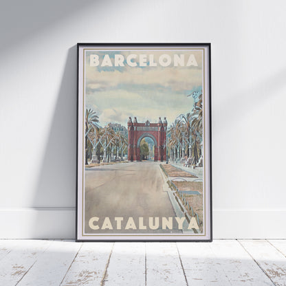 Framed Barcelona Arch poster by Alecse featuring the Arc de Triomf and palm-lined avenue in vintage tones.