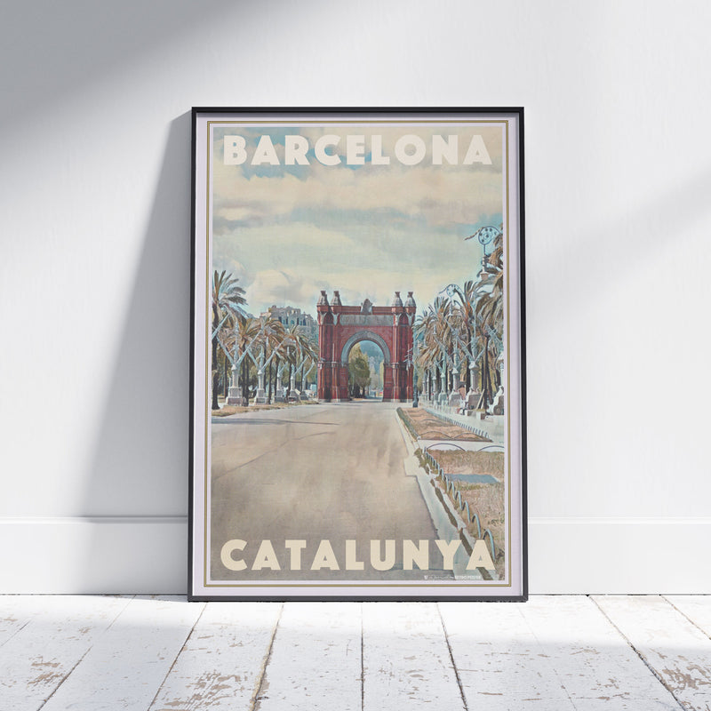Framed Barcelona Arch poster by Alecse featuring the Arc de Triomf and palm-lined avenue in vintage tones.