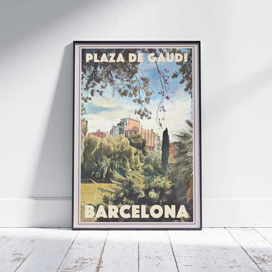 Barcelona Poster Plaza de Gaudi, Spain Vintage Travel Poster by Alecse