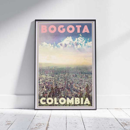Full view of framed Bogota Panorama poster on white wood floor, evoking retro cityscape decor in soft tones