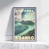 A framed travel poster of Borneo's Semporna on a white wooden floor—limited edition artwork by Alecse