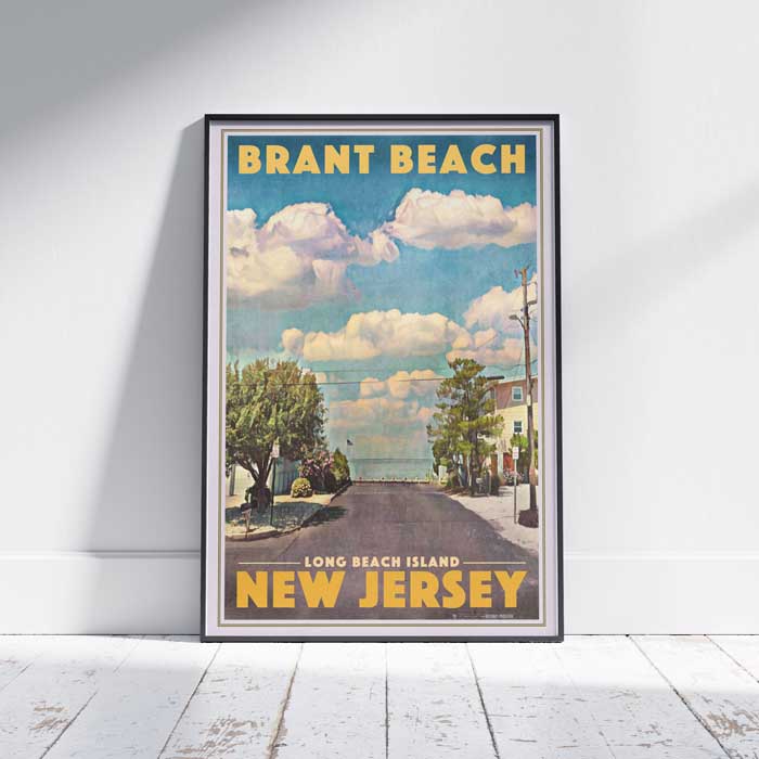 Retro travel poster of Brant Beach, Long Beach Island, New Jersey, displayed in a minimalist interior setting