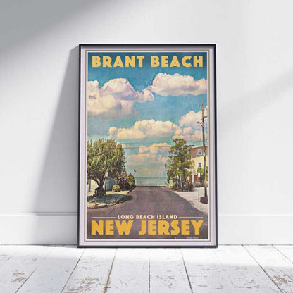 Retro travel poster of Brant Beach, Long Beach Island, New Jersey, displayed in a minimalist interior setting