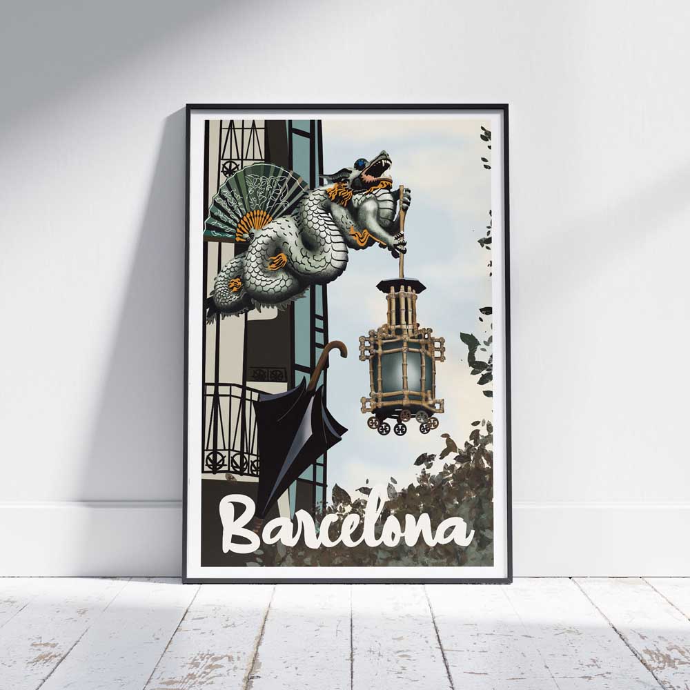 Barcelona Dragon vintage travel poster framed and leaning against a white wooden floor, featuring the Chinese dragon sculpture of Casa Bruno Cuadros
