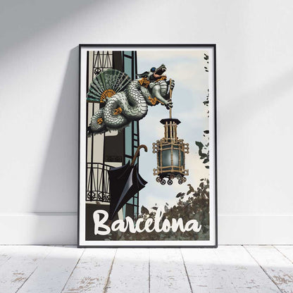 Barcelona Dragon vintage travel poster framed and leaning against a white wooden floor, featuring the Chinese dragon sculpture of Casa Bruno Cuadros