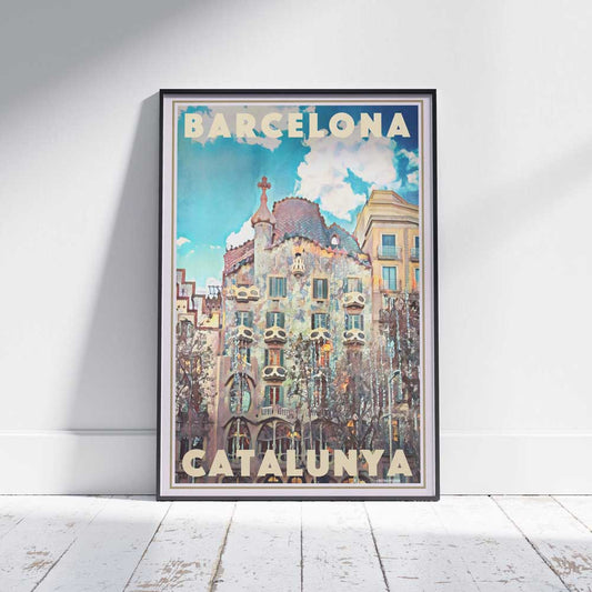 Casa Batllo Barcelona Poster by Alecse framed on white wooden floor