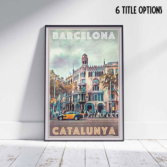 Affiche Casa Lleó Morera Barcelona en édition limitée par Alecse, version titres en ligne, encadrée sur parquet blanc