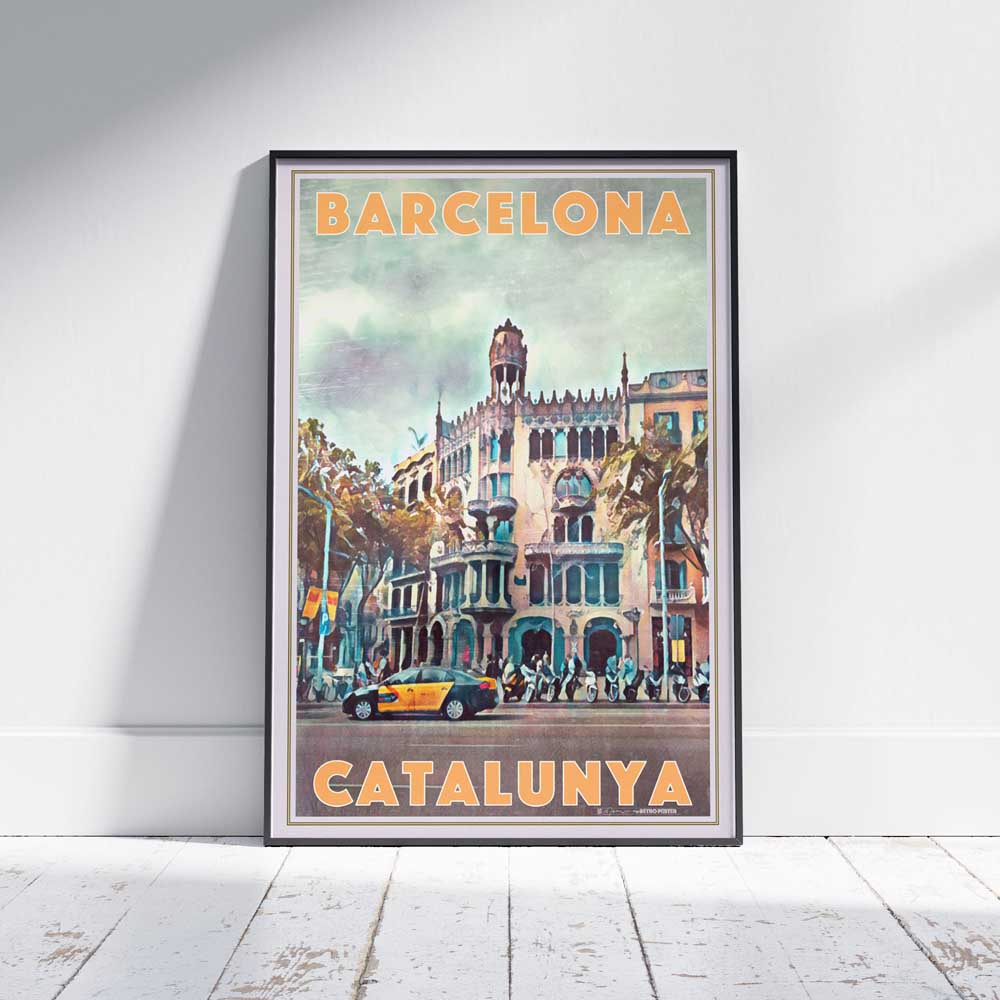 Limited Edition Casa Lleó Morera Barcelona Poster by Alecse, Orange titles version, Framed on White Wooden Floor