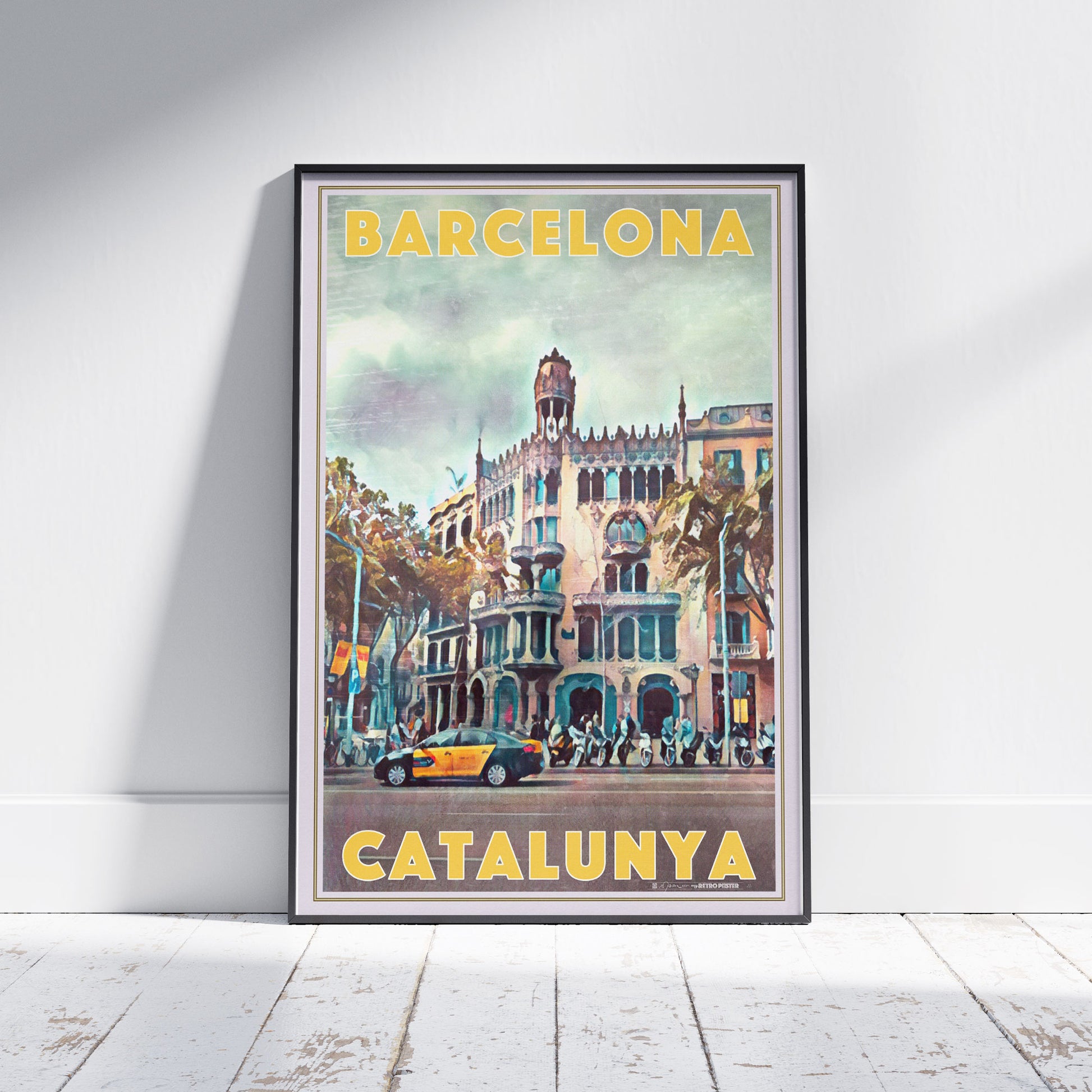 Limited Edition Casa Lleó Morera Barcelona Poster by Alecse, Yellow titles version, Framed on White Wooden Floor