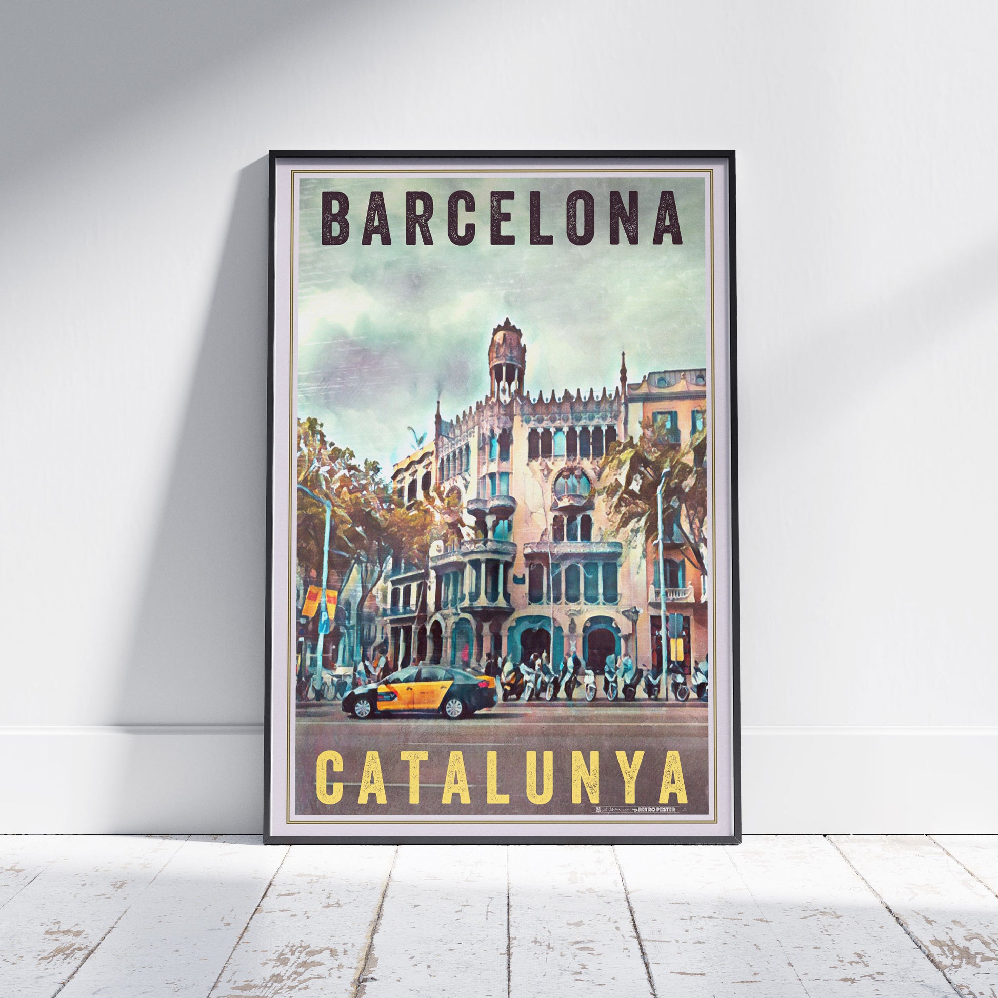 Limited Edition Casa Lleó Morera Barcelona Poster by Alecse, Black & Yellow titles version, Framed on White Wooden Floor