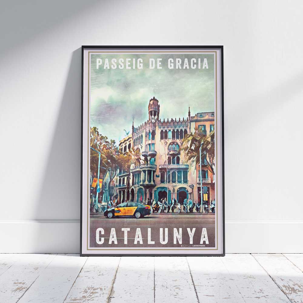 Limited Edition Casa Lleó Morera Barcelona Poster by Alecse, Gracia white titles version, Framed on White Wooden Floor