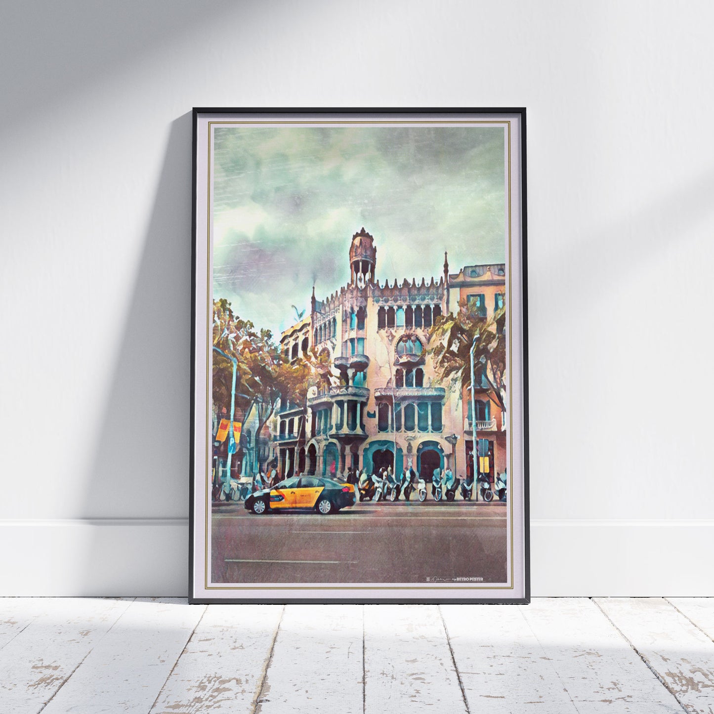 Limited Edition Casa Lleó Morera Barcelona Poster by Alecse, No titles version, Framed on White Wooden Floor