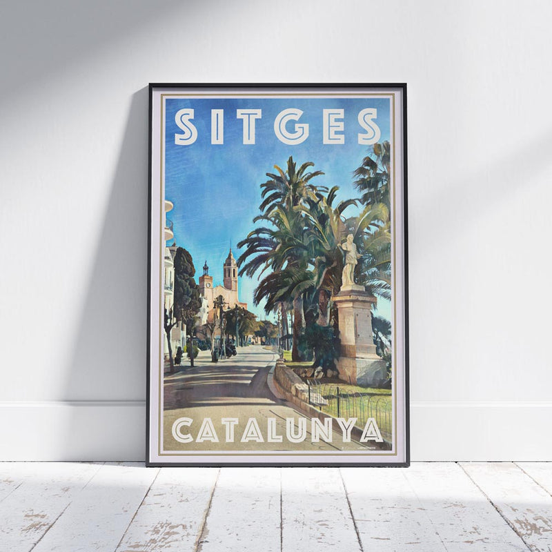 Framed ‘El Greco 25’ poster of Sitges, Catalonia, featuring church, promenade, and palm trees
