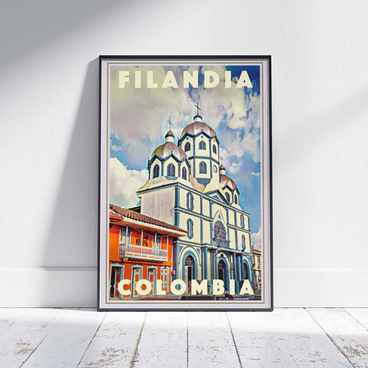 Vintage Filandia Colombia travel poster framed on a wall.