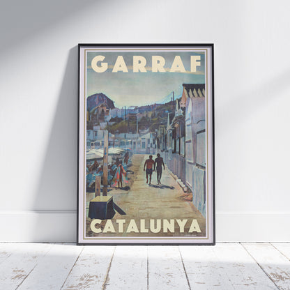 Framed Garraf Beach Huts poster by Alecse, showing the iconic white cabins and two figures walking under the Mediterranean sun.
