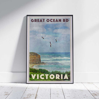 Framed travel poster of the Great Ocean Road, Victoria, featuring Alecse’s vintage-inspired design with a serene ocean and cliffside view