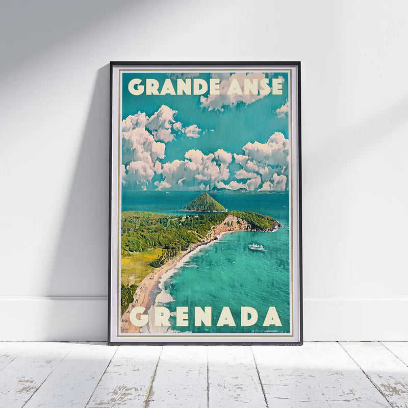 Framed art print of Grande Anse Grenada in retro travel poster style by Alecse
